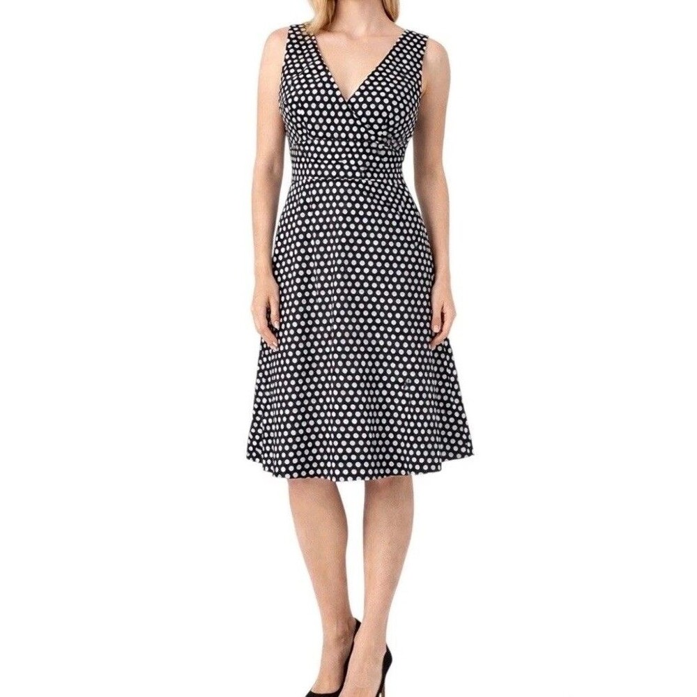 Spense Polka Dot Dress Sz 6 Black White Surplice Fit Flare Rockabilly Whimsy